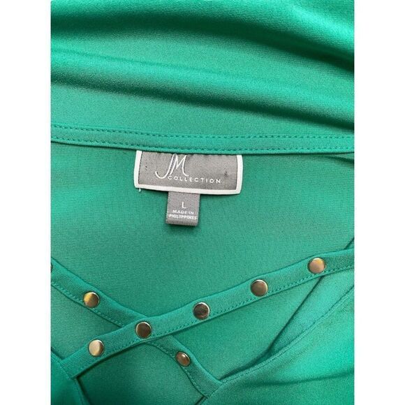 JM COLLECTION Green Flutter Sleeve Studded Neckline Stretch Knit Size Large - Picture 6 of 7
